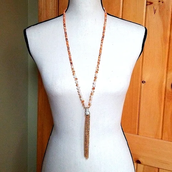 Hand Crafted Glass Bead and Austrian Crystal Gold Tone Tassel Necklace